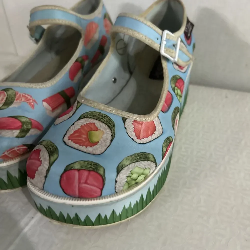 Hot Chocolate Design Sushi Mary Jane Platform Shoes Blue Novelty Women's Size 7